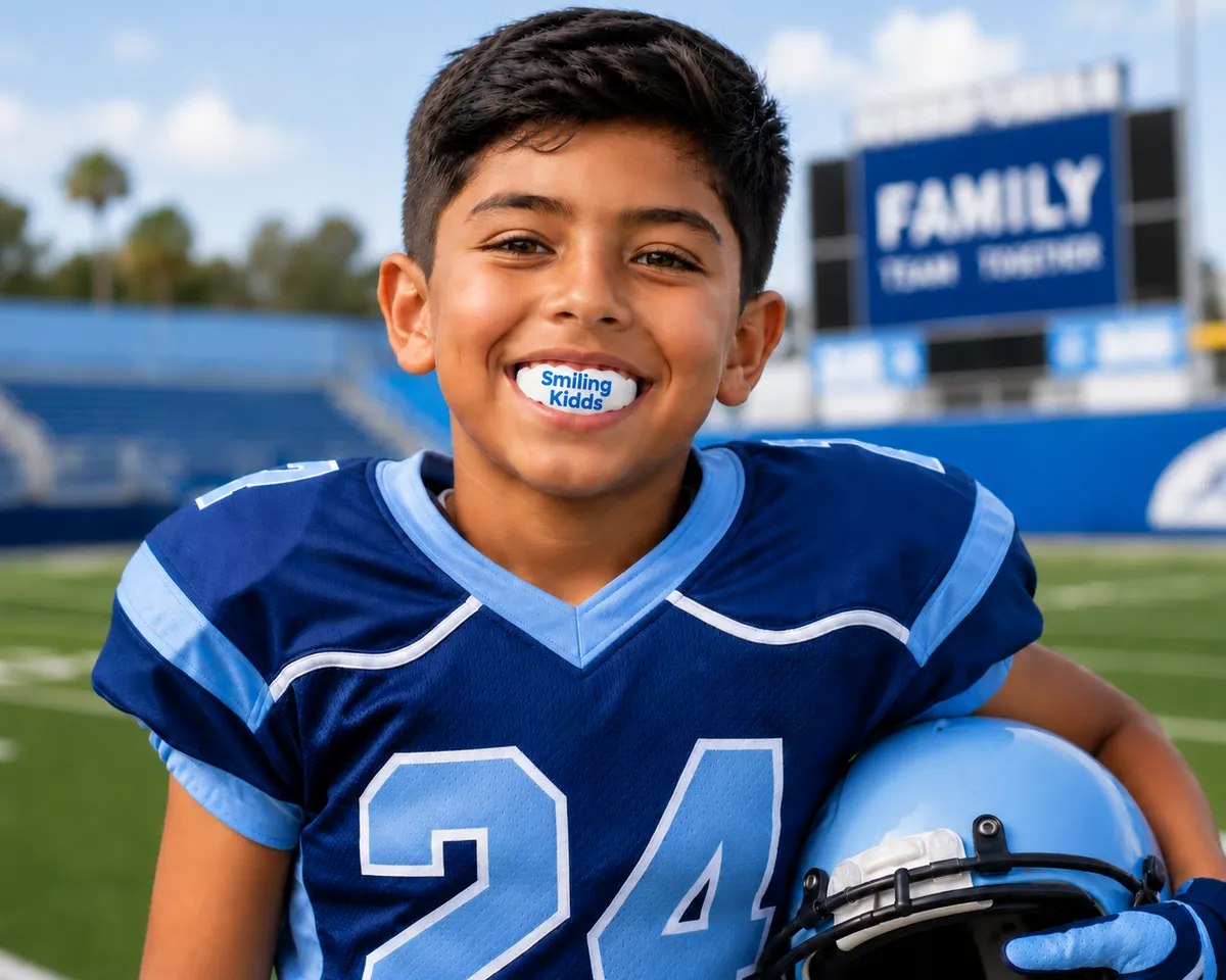 Young football player smiling with a Smiling Kidds mouthguard
