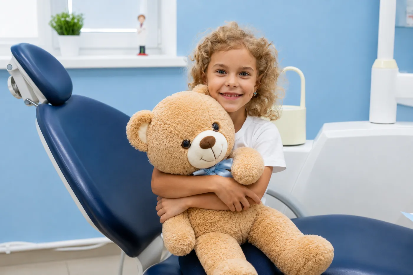 Relaxed child hugging a teddy bear in the dental chair
